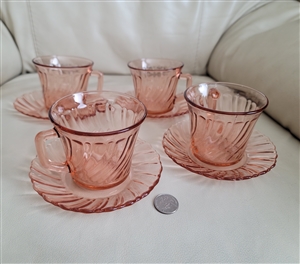 Arcoroc pink glass tea cups and saucers, France.