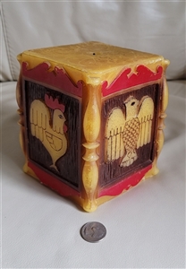 Wax pillar candle 1970s rooster eagle relief carving mustard yellow blood red Americana decor Wax pillar candle 1970s rooster eagle relief carving mustard yellow blood red Americana decor