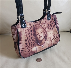 2003 Marilyn Monroe leopard print fabric handbag one side rhinestones silver zipper 2003 Marilyn Monroe leopard print fabric handbag one side rhinestones silver zipper