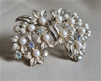 Vintage silver tone multi floral brooch with faux pearls and aurora borealis rhinestones Vintage silver tone multi floral brooch with faux pearls and aurora borealis rhinestones