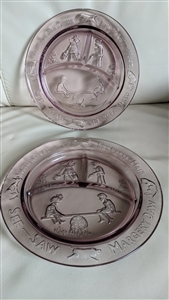 Indiana Glass Tiara nursery rhyme divided plates peach pink pressed glass children see saw scenery Indiana Glass Tiara nursery rhyme divided plates peach pink pressed glass children see saw scenery