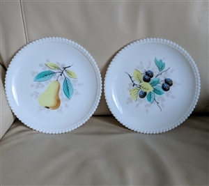 Set of two vintage Westmoreland white milk glass 7 and half inch plates with beaded edges and hand painted pear and blackberry fruit centers Set of two vintage Westmoreland white milk glass 7 and half inch plates with beaded edges and hand painted pear and blackberry fruit centers