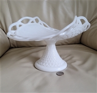 Westmoreland milk glass banana stand with diamond pattern and open lace edge Westmoreland milk glass banana stand with diamond pattern and open lace edge